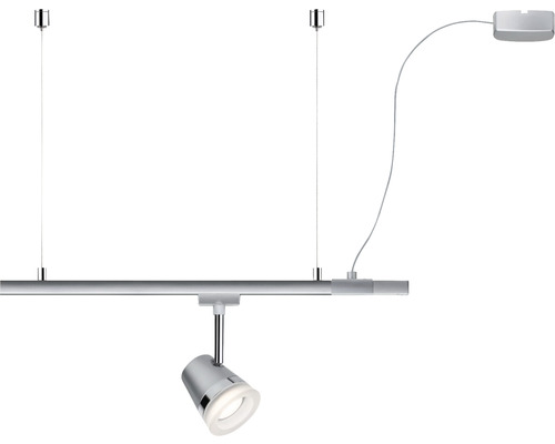 Silberne Schienenleuchte mit einem Strahler und Abhängung
