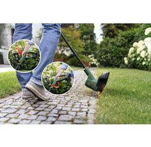 Akkutrimmer im Einsatz zur Rasenpflege im Garten.