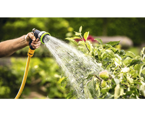 Eine Person bewässert Pflanzen mit einem Gartenschlauch und einer Sprühdüse.