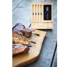 Fleisch und Fisch mit kabellosem Fleischthermometer auf Holzbrett