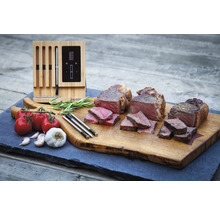 Drei Steaks unterschiedlicher Garstufen, arrangiert mit Tomaten, Knoblauch und einem kabellosen Fleischthermometer.