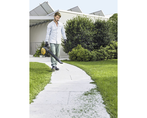 Mann reinigt Gehweg mit einem Laubbläser