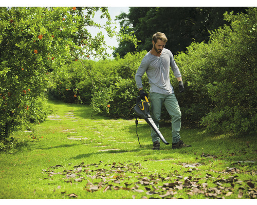 Mann benutzt Laubbläser im Garten, um Blätter zu entfernen