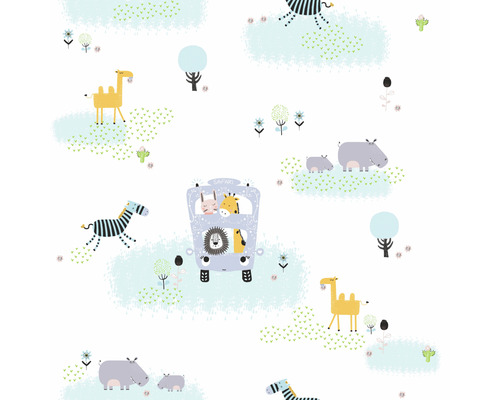 Tapete mit Safari-Tiermotiv, inklusive Zebra, Nilpferd, Kamel und Löwe im Bus