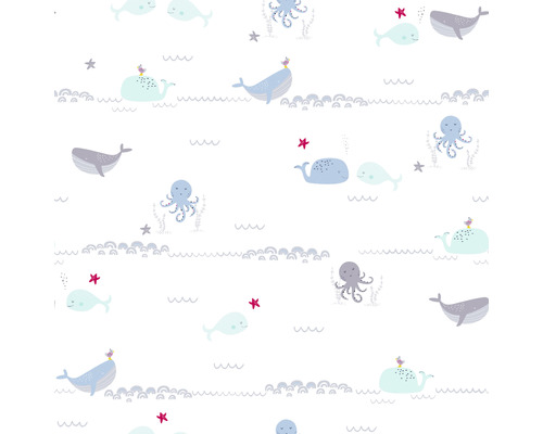 Tapete mit Walen, Tintenfischen, Seesternen und Wellen
