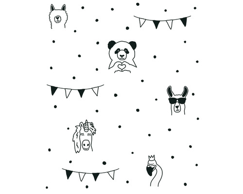 Schwarz-weißes Muster mit Tieren und Girlanden