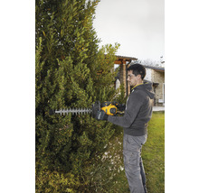 Mann schneidet Hecke mit einer Heckenschere im Garten.