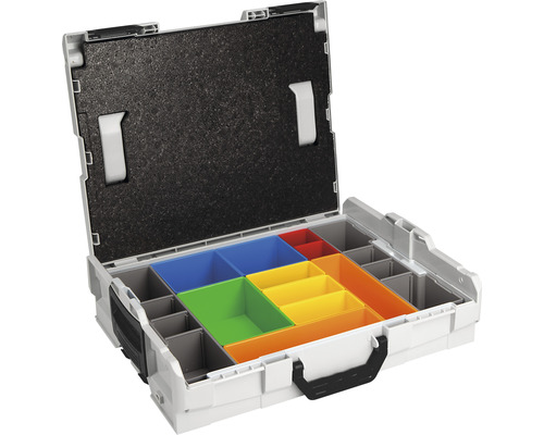Offener Werkzeugkoffer mit farbigen Einsätzen zur Aufbewahrung von Werkzeugen und Zubehör.