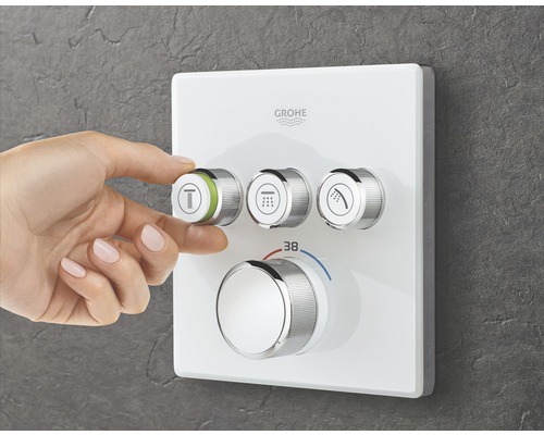 Grohe Logo. Aufputz Duscharmatur mit Hand.