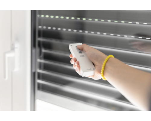 Hand mit Fernbedienung vor Rollladen