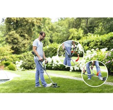 Ein Mann bedient einen Akku-Rasenkantenschneider im Garten. Details zeigen die verstellbare Stielposition.