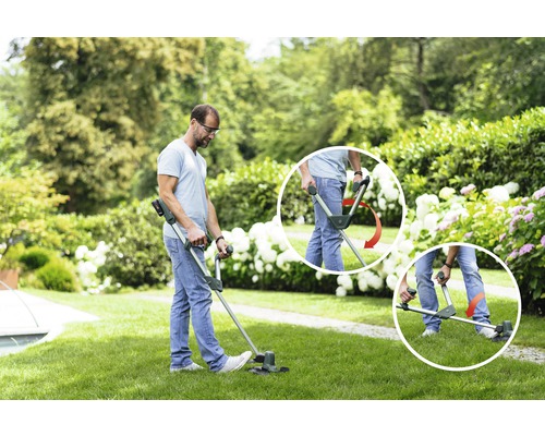 Ein Mann bedient einen Akku-Rasenkantenschneider im Garten. Details zeigen die verstellbare Stielposition.