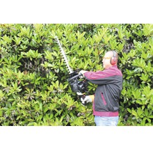 Eine Person schneidet eine Hecke mit einer Heckenschere. Die Person trägt Schutzkleidung.