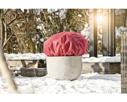 Pflanztopf mit Winterschutzhülle im verschneiten Garten