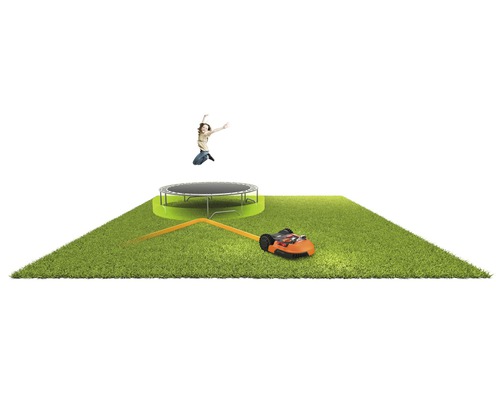 Rasen mit Trampolin, springender Person und Mähroboter.