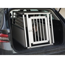 Hund in Aluminium Transportbox im Kofferraum eines Autos
