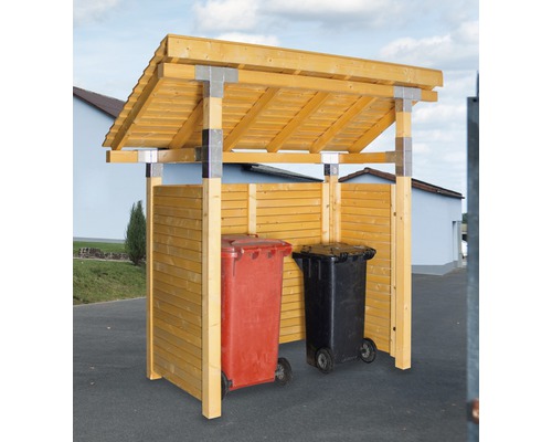 Mülltonnenbox aus Holz mit zwei Mülltonnen