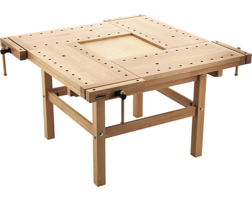 Werkbank mit Holzplatte und Spannvorrichtungen