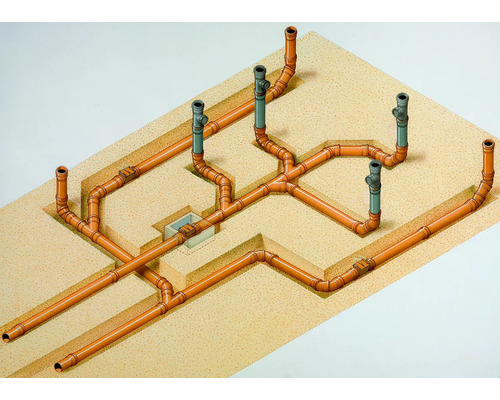 Illustration eines Rohrsystems unter einer Bodenplatte für Sanitärinstallationen
