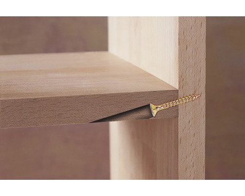 Detailansicht einer Holzregalkonstruktion mit einer Schraube