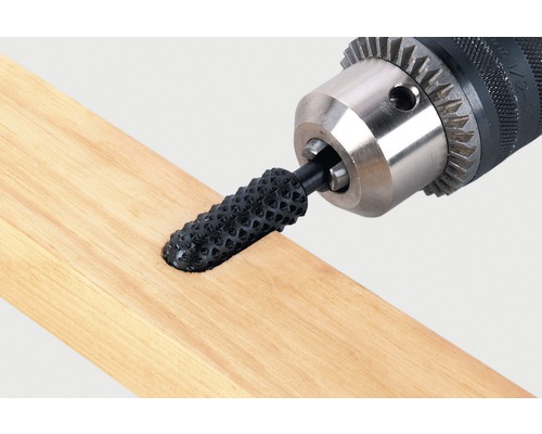 Rotationsraspel an einer Bohrmaschine beim Bearbeiten eines Holzstücks