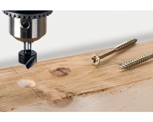 Holzbohrer mit Holzschrauben in einem Holzbrett