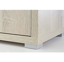 Detailaufnahme eines Möbels mit Holzoptik und silberfarbenen Füßen.