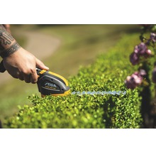 Stiga Logo. Person schneidet Hecke mit einer Akku-Grasschere.