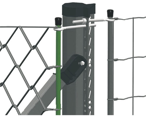 Detailansicht eines Zaunsystems mit Pfosten und Drahtgeflecht