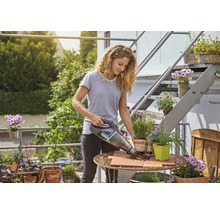Frau saugt mit einem Akku-Handsauger Erde von einem Gartentisch.
