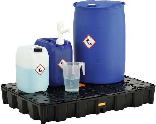 Auffangwanne mit Behältern und Messbecher, Warnzeichen auf den Behältern