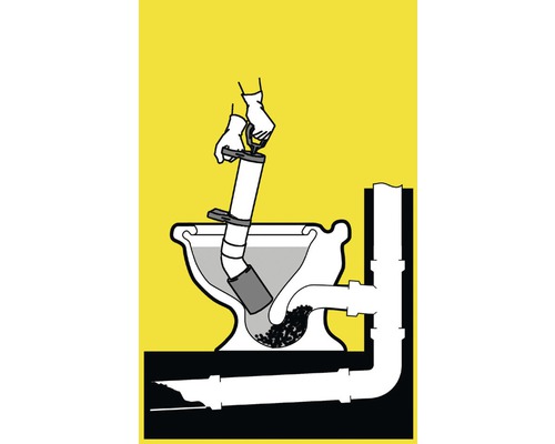 Illustration einer Toilette, die mit einem Abflussreiniger gereinigt wird, um eine Verstopfung zu beseitigen.