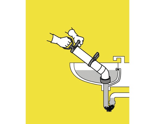 Illustration einer Rohrreinigungs-Handpumpe im Einsatz an einem Waschbeckenabfluss