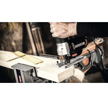Eine Stichsäge der Marke Worx schneidet ein Werkstück.