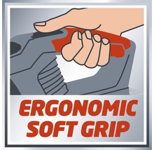Illustration einer Hand, die einen ergonomischen Griff hält, mit dem Text Ergonomischer Softgriff.