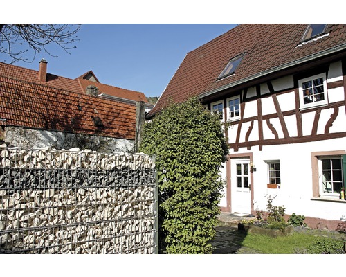 Fachwerkhaus mit Gabionenzaun im Garten