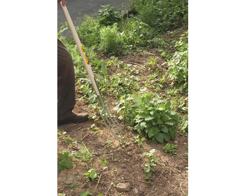 Gartenarbeiter benutzt eine Grabegabel im Garten.