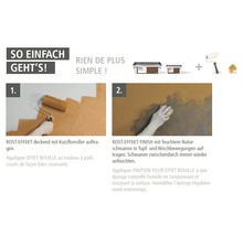 Anleitung zur Gestaltung einer Wand mit Rosteffekt: Farbe auftragen mit Farbroller, anschließend mit einem feuchten Naturschwamm verarbeiten.