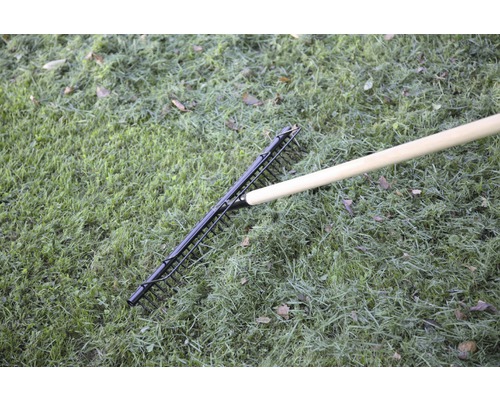 Metall Rechen mit Holzstiel auf Rasen