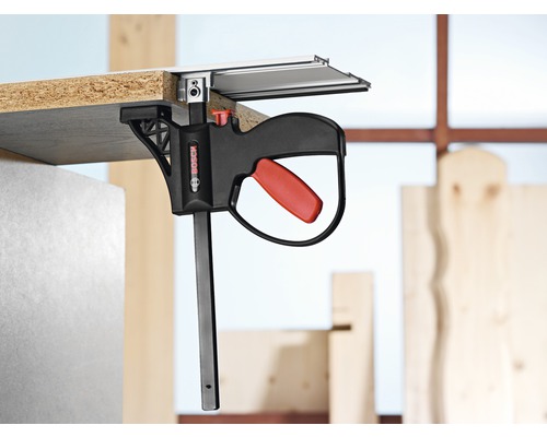 Bosch Logo. Werkstück mit Bosch Einhandzwinge an Führungsschiene fixiert.