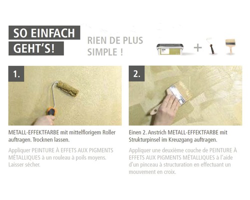 Auftragen von Metalleffektfarbe mit mittelflorigem Roller und Strukturpinsel