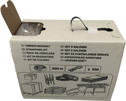Umreifungsset im Karton, 600 Meter Bandlänge, 200 Stück