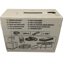Verpackung eines Umreifungssets mit 600 Meter Bandlänge und 200 Stück Zubehör