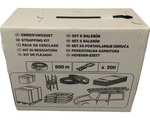 Verpackung eines Umreifungssets mit 600 Meter Bandlänge und 200 Stück Zubehör