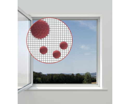 Geöffnetes Fenster mit Pollenschutzgitter und vergrößerter Darstellung von Pollen