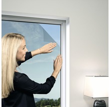 Frau bringt Fensterfolie an einem Fenster an