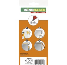 Windhager Logo. Montageanleitung in vier Schritten mit einer geschätzten Dauer von zehn Minuten.