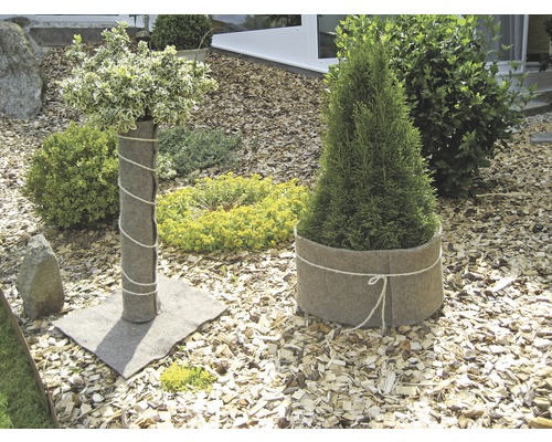 Gartenszene mit zwei Pflanzen im Winterschutz aus Filz