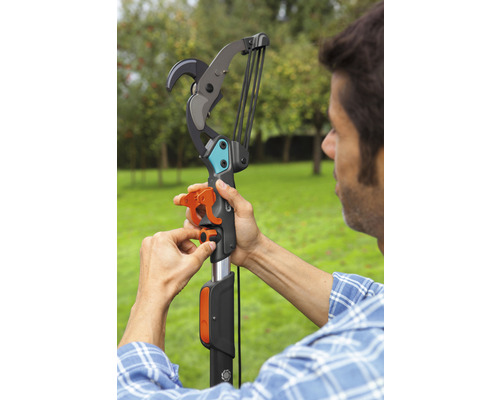 Mann bedient eine Teleskop-Astschere im Garten.