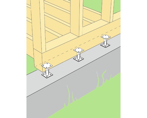 Illustration eines Holzrahmens mit Metallstützen auf einem Fundament